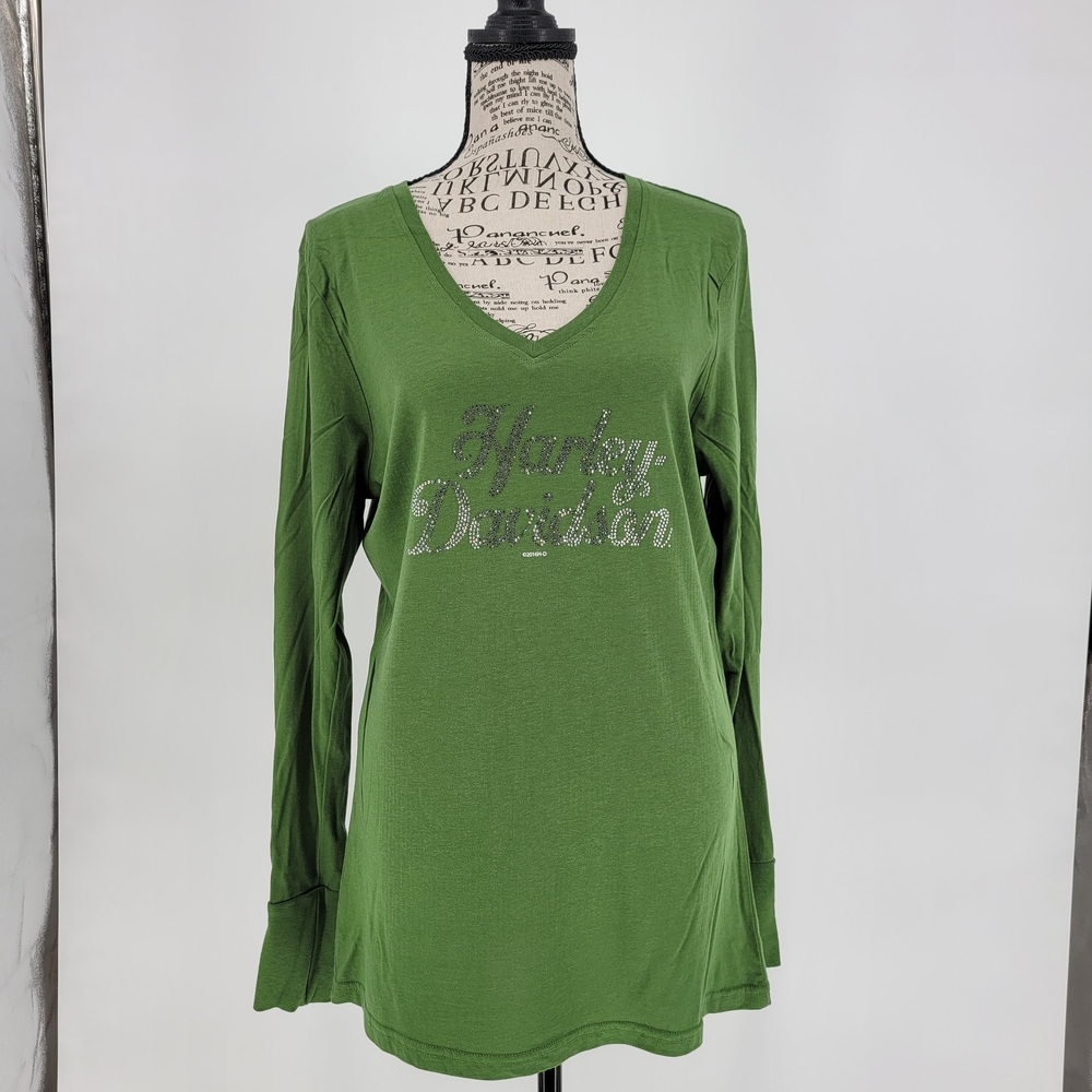Harley Davidson Womens 2XL Green Rhinestone Long Sleeve Shirt Plus Size V-Neck